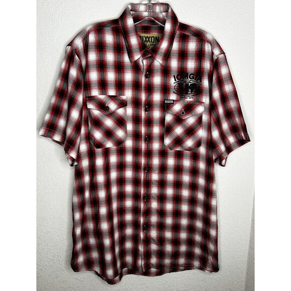 Dixxon Shirt Mens Large Red Black Plaid Hollywood IOMGIA Short Sleeve Button Up - Picture 2 of 13